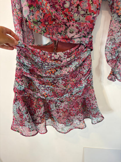 ZARA. Vestido corto abertura  flores. T XS
