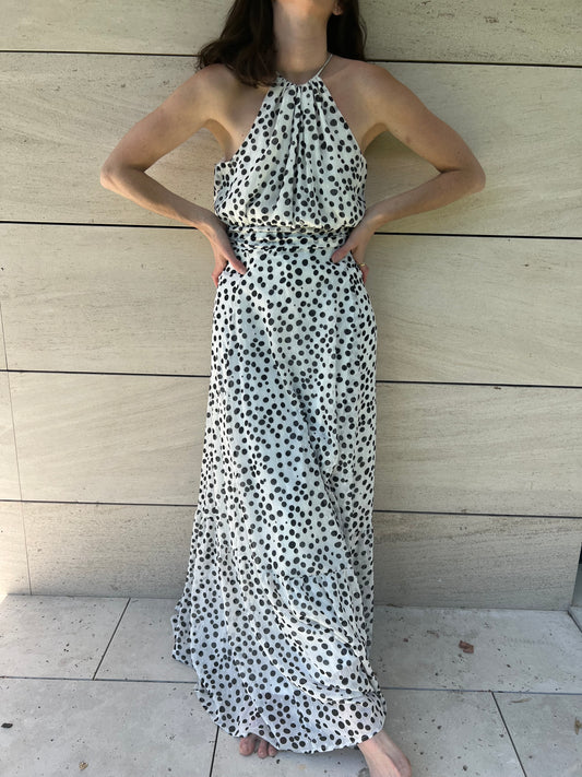 FORMULA JÓVEN. Vestido largo blanca lunares T.s