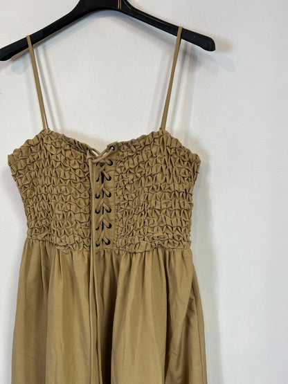 ZARA. Vestido largo beige nido abeja T.s