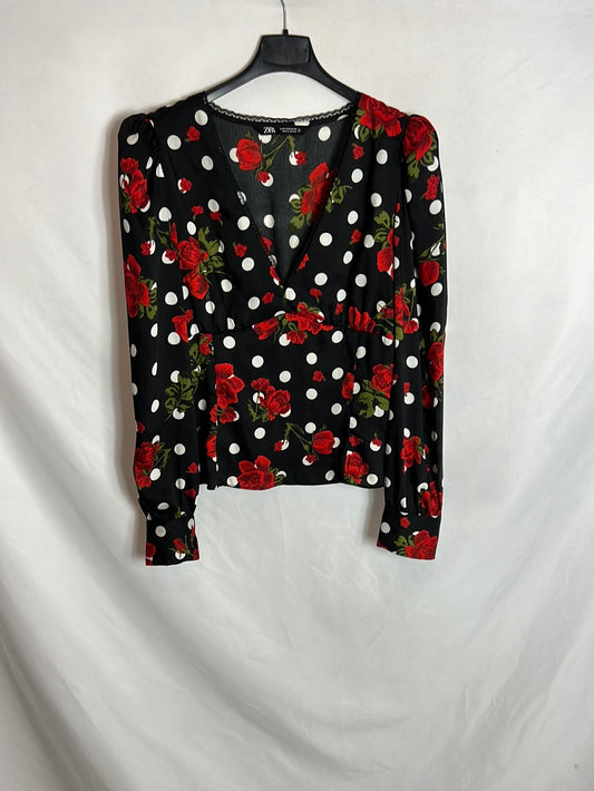 ZARA. Blusa negra lunares y flores. T S