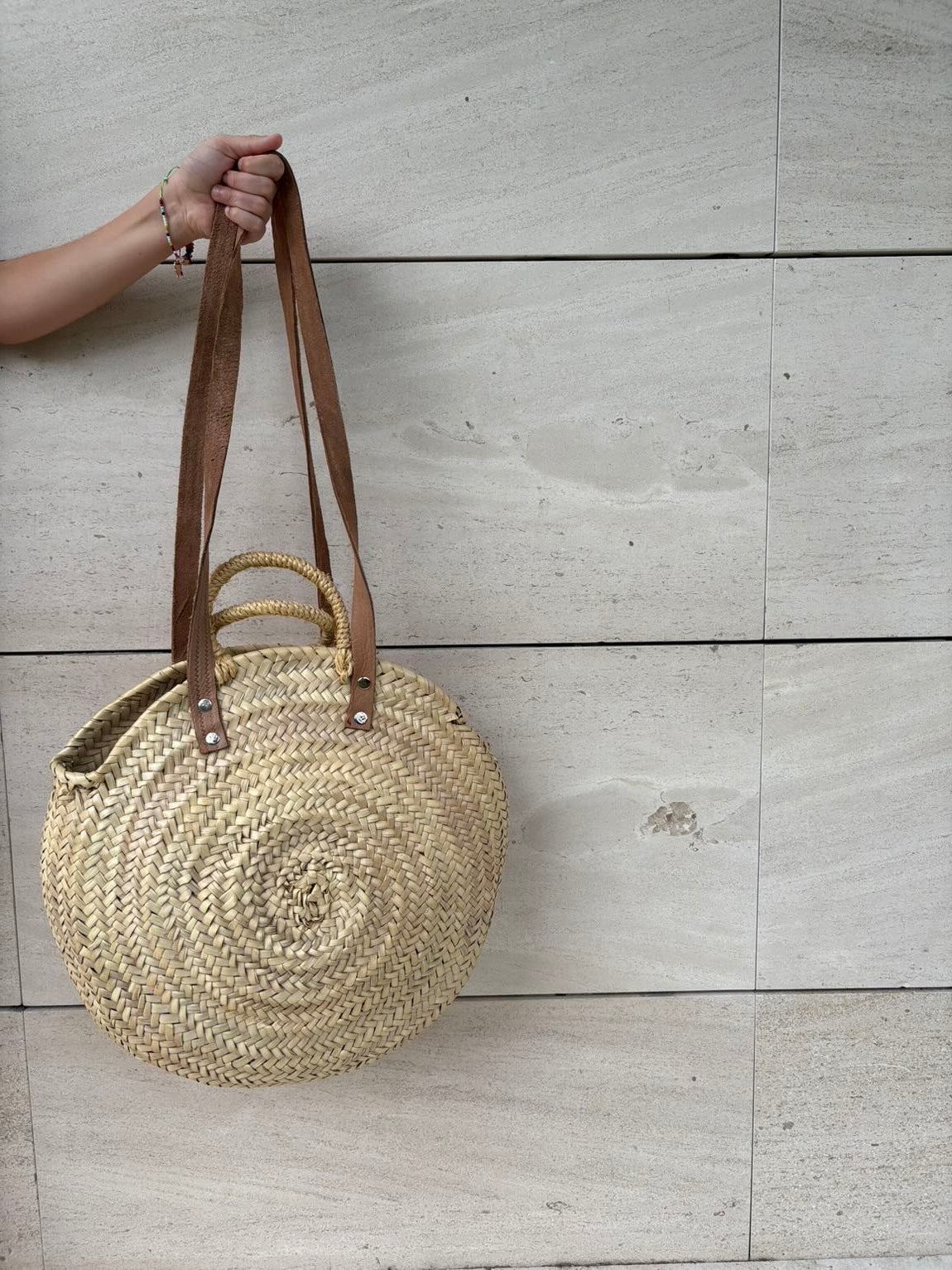 Bolso redondo paja doble asa en piel