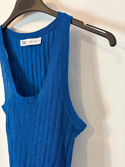 ZARA. Top azul canalé hilos briillo