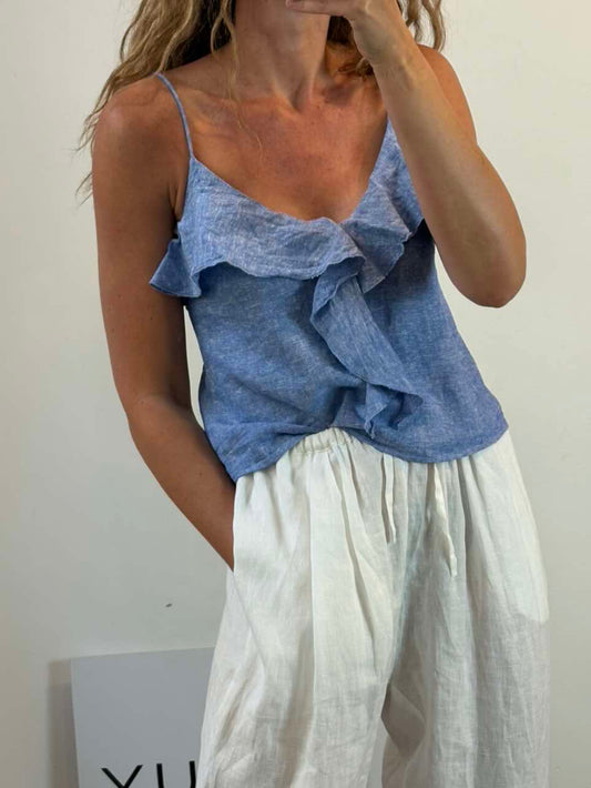 ZARA. Top azul jaspeado con lino