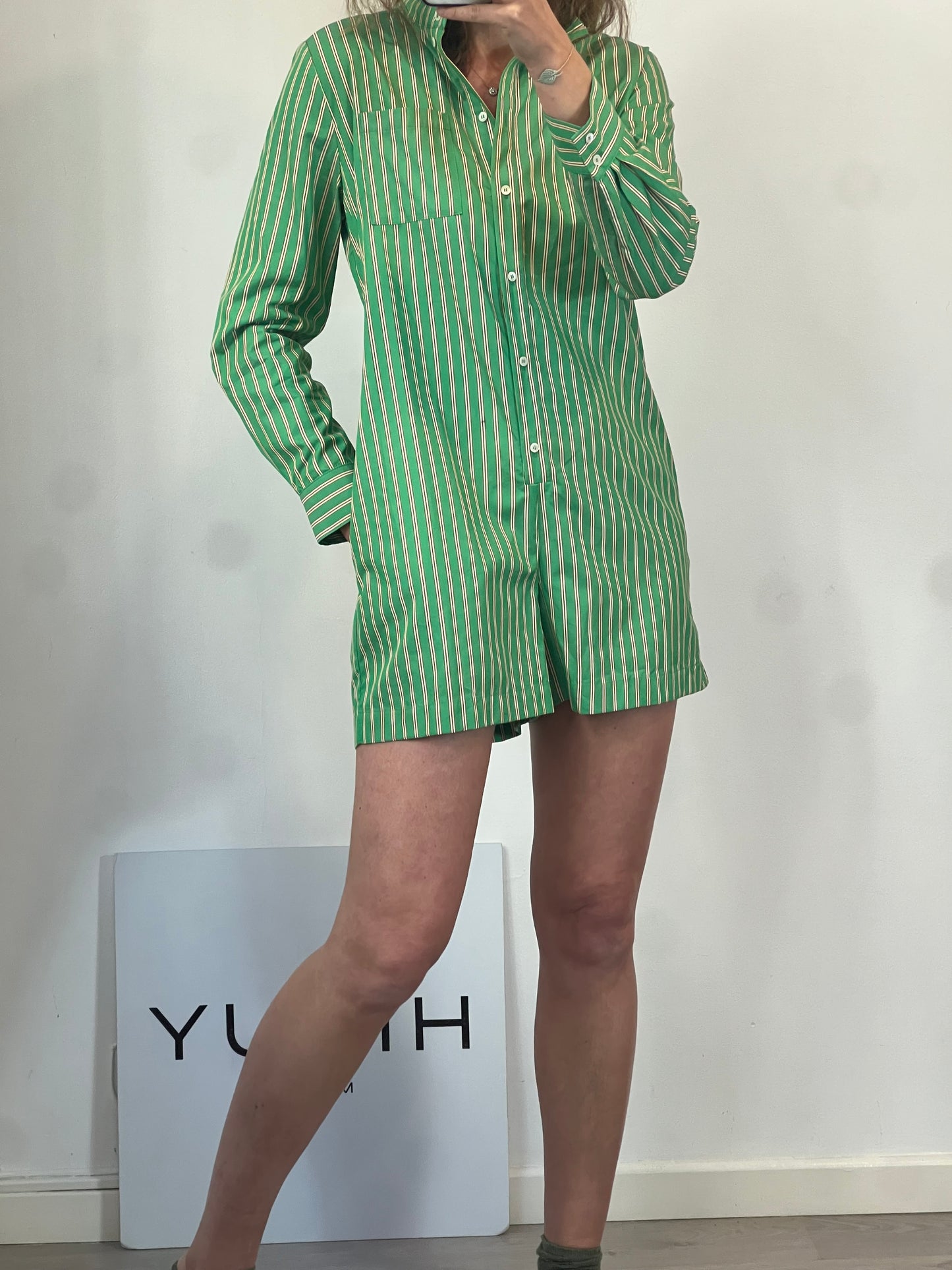 BALZAC PARIS. Green striped jumpsuit, size 38