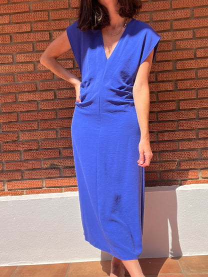 ZARA. Vestido azul detalles fruncidos T.m