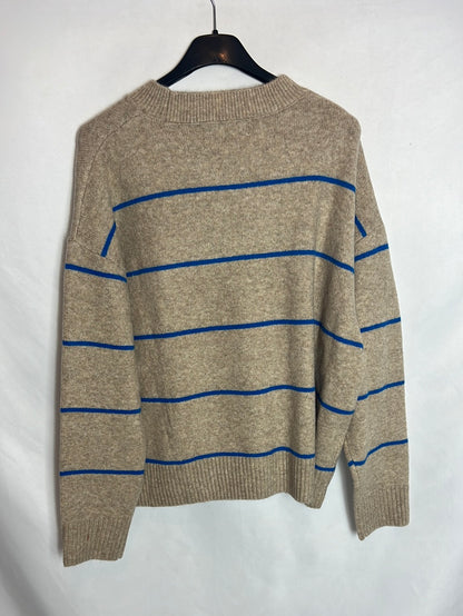 MANGO. Jersey beige rayas azules. T S