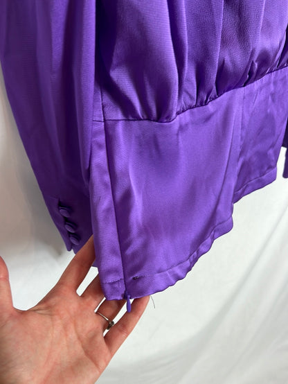 LADYBUG SHEARS. Purple satin blouse with shoulder pads. Size XL