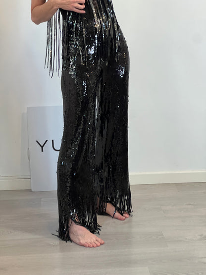 H&M. Pantalón negro lentejuelas flecos T.xs