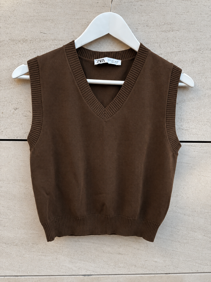 ZARA. Top punto elástico marrón chocolate