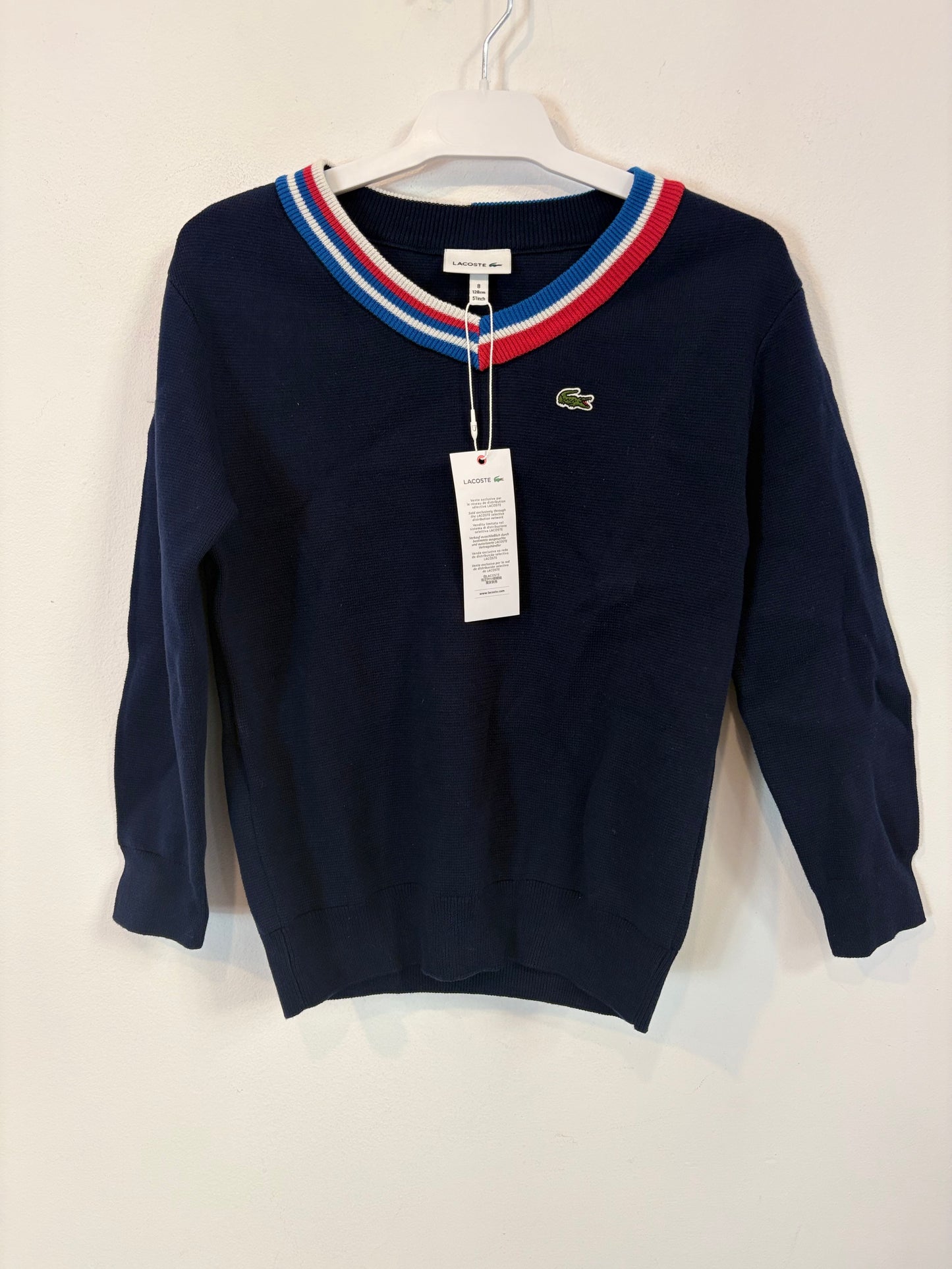 LACOSTE. Jersey algodón cuello pico. T 8 años