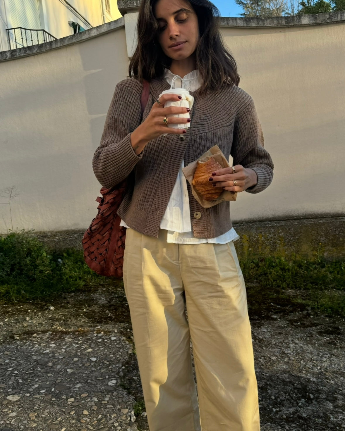 Pantalón pinzas beige algodón T.s