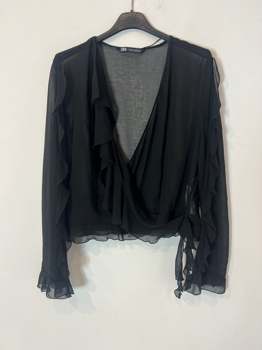 ZARA. Black semi-sheer top with ruffles. TL