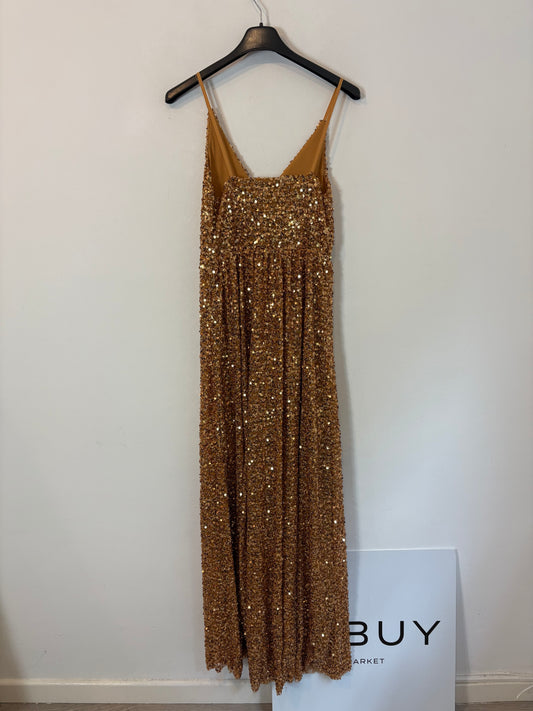 ZARA. Vestido largo lentejuelas dorado. T S