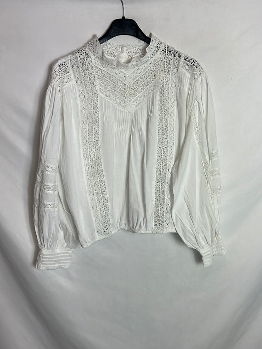 MANGO. Blusa blanca encajes . T L