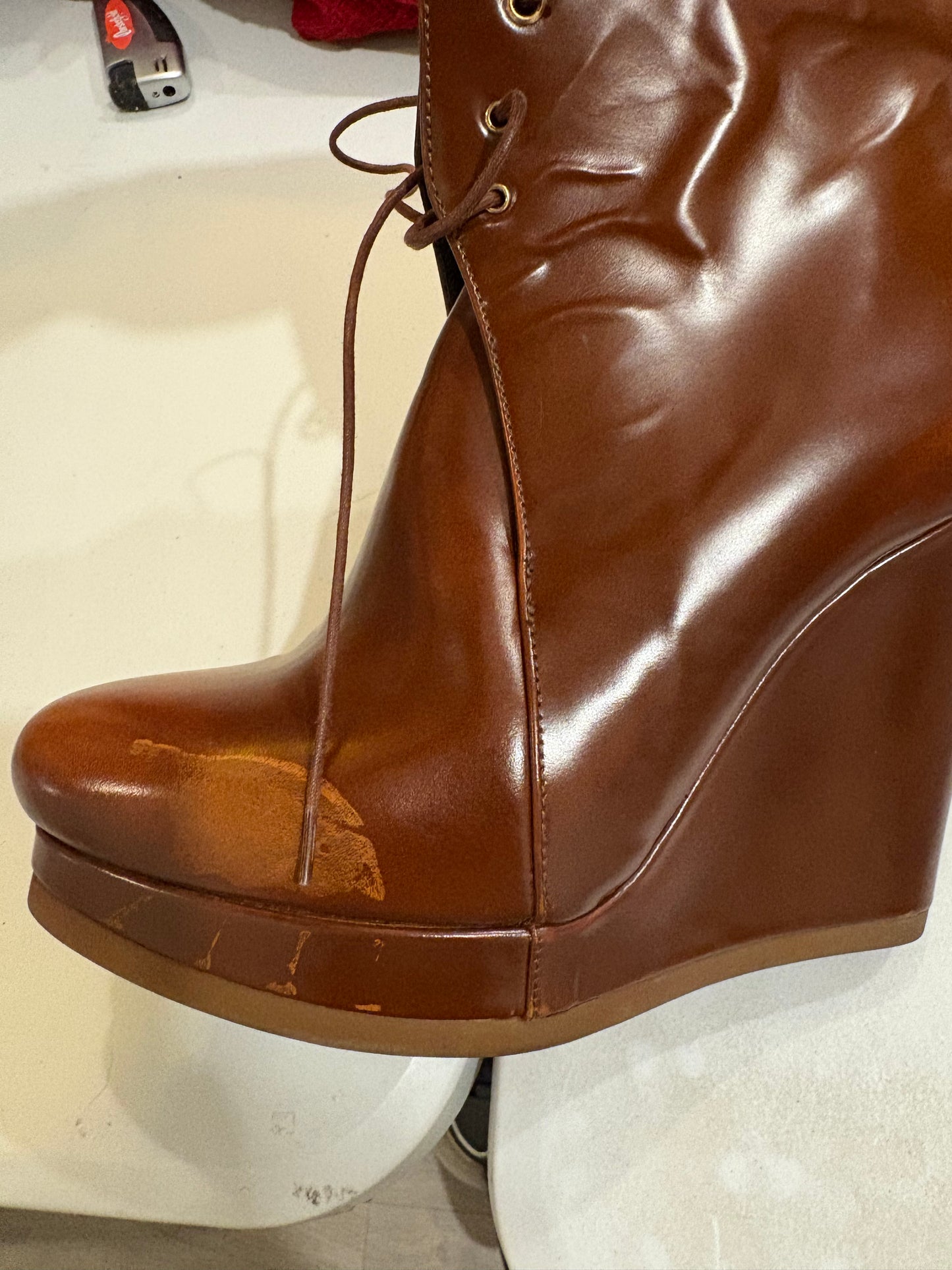 JIL SANDER. Brown platform ankle boots. Size 39