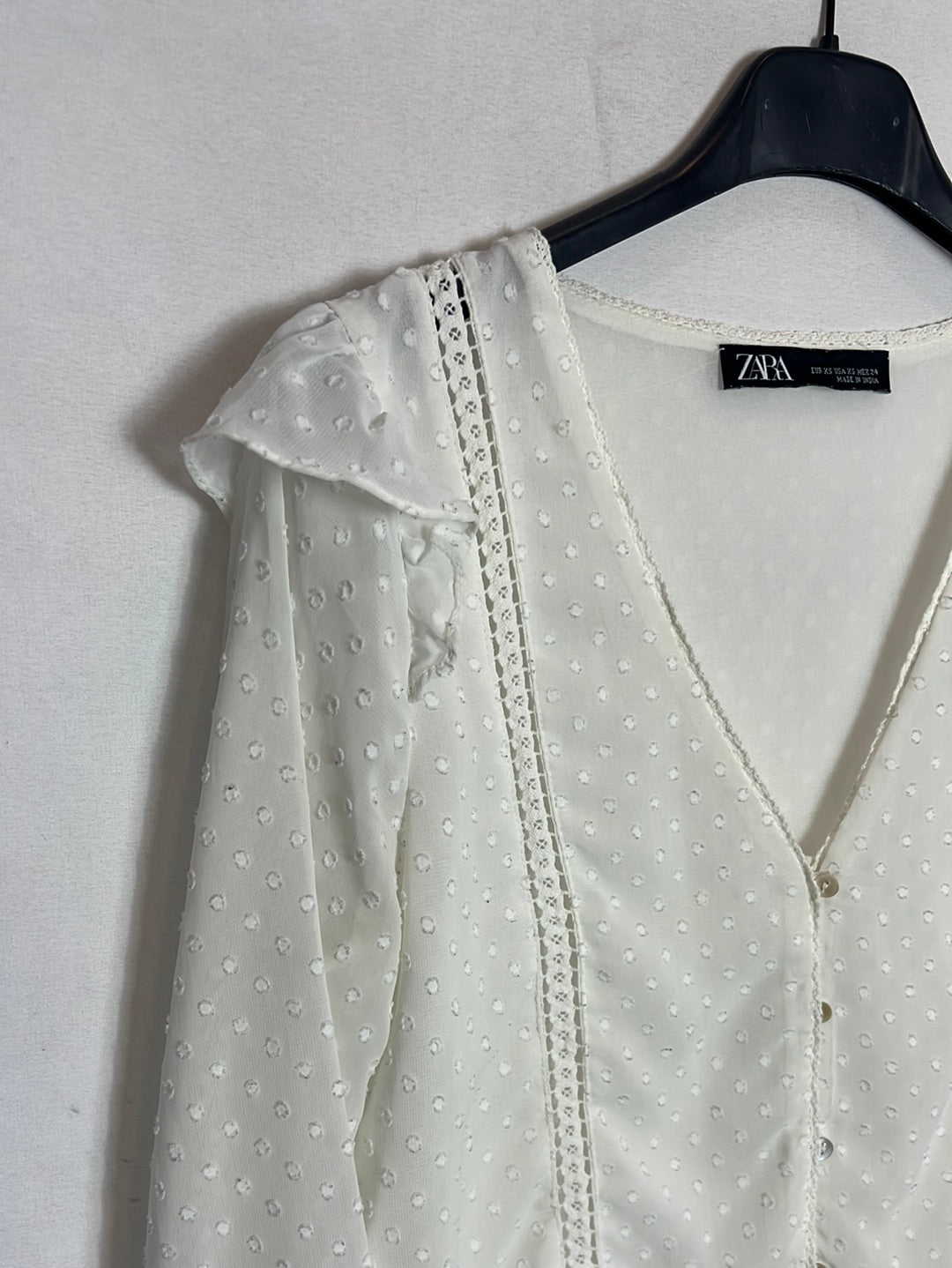 ZARA. White semi-sheer polka dot blouse. XS