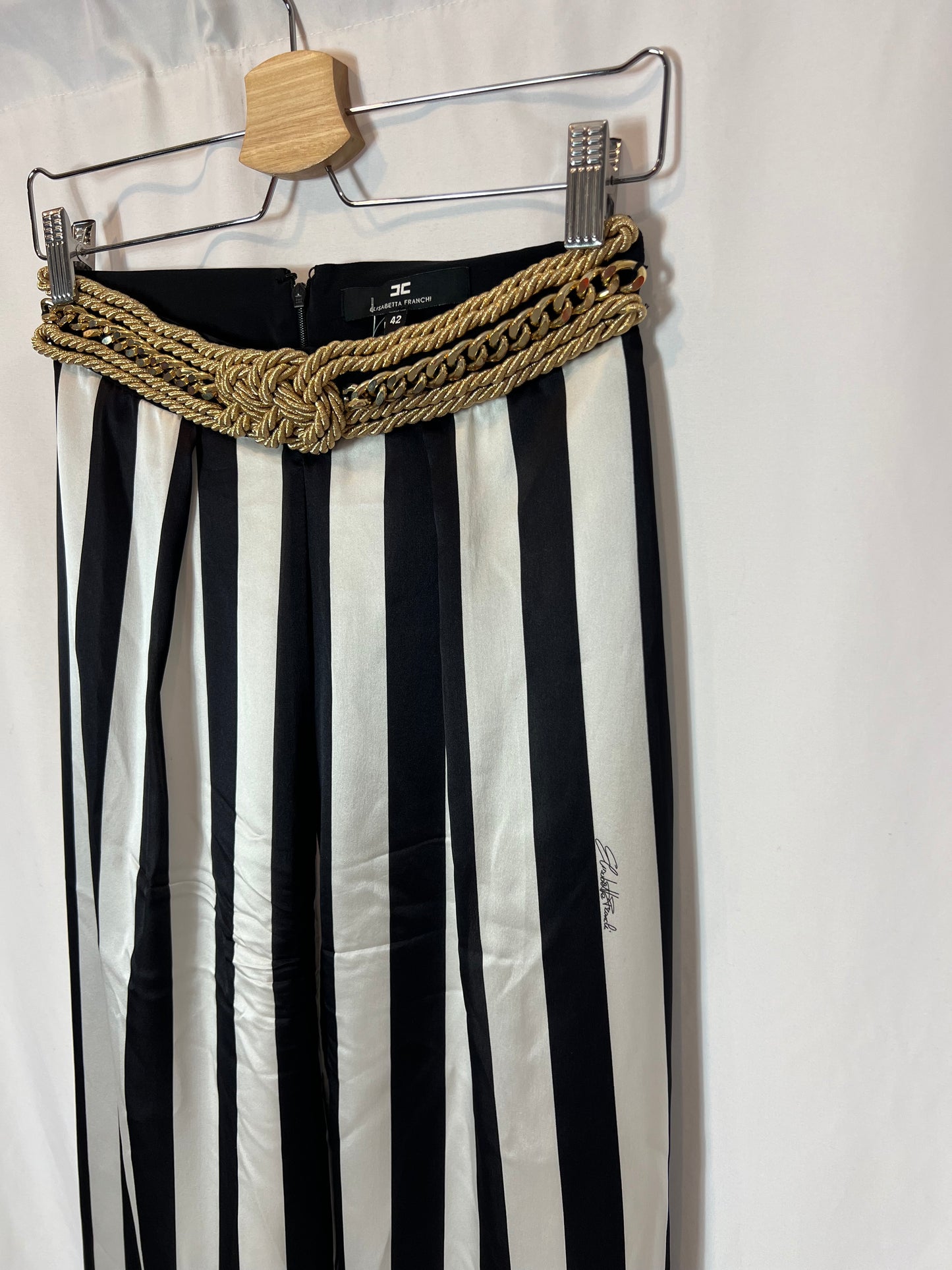 ELISABETTA FRANCHI. Striped palazzo silk pants T.42