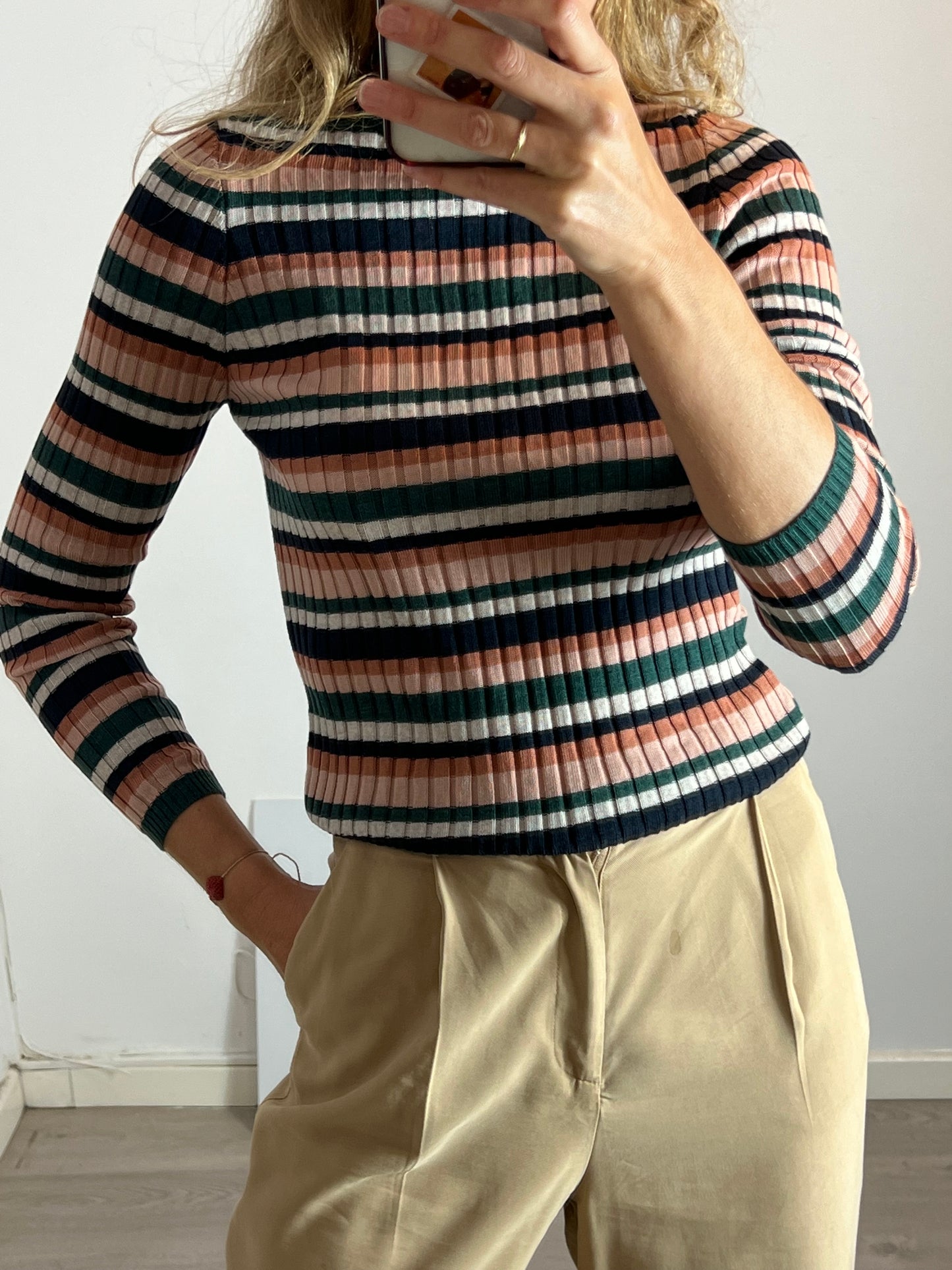 EMES. Green striped ribbed top, size 3 (m/l)