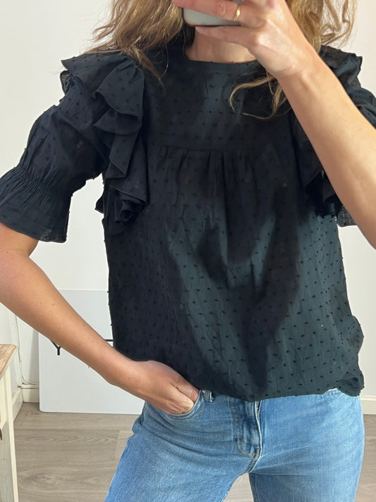 ELEFANTINE. Black plumeti blouse with ruffle detail. TM