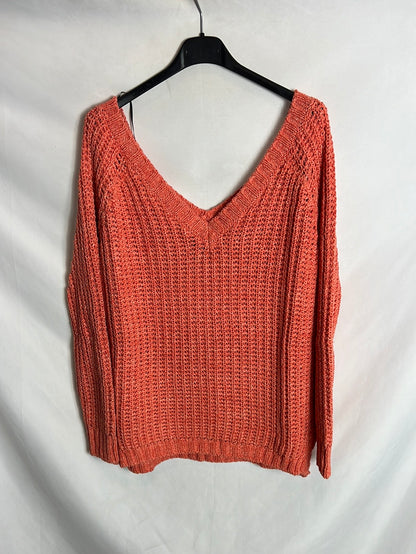 MASSIMO DUTTI. Jersey salmón jaspeado escote en pico. T S