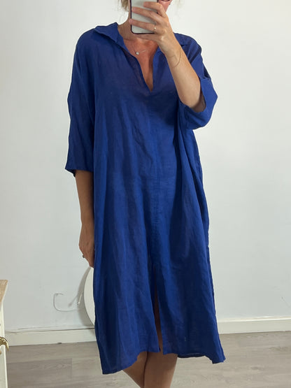 PARFOIS. Vestido azul detalle espalda lino y algodón. TU