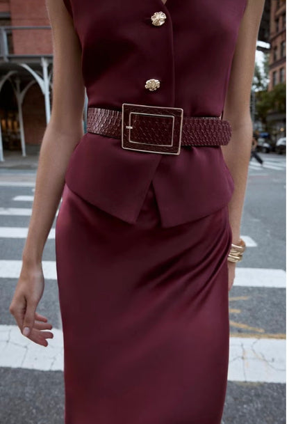 ZARA. Vestido largo doble textura burdeos