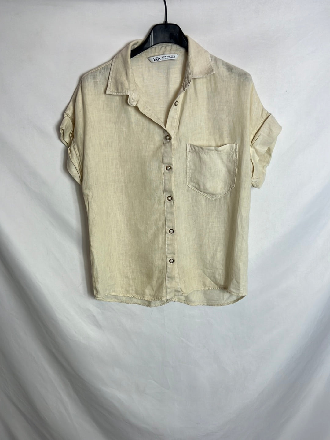 ZARA. Blusa manga corta beige efecto lino. T XS