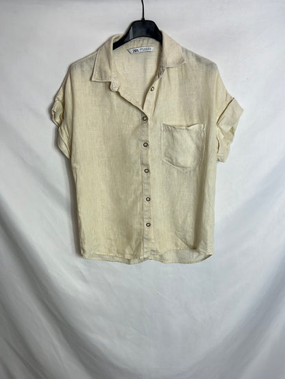 ZARA. Blusa manga corta beige efecto lino. T XS