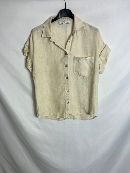 ZARA. Blusa manga corta beige efecto lino. T XS