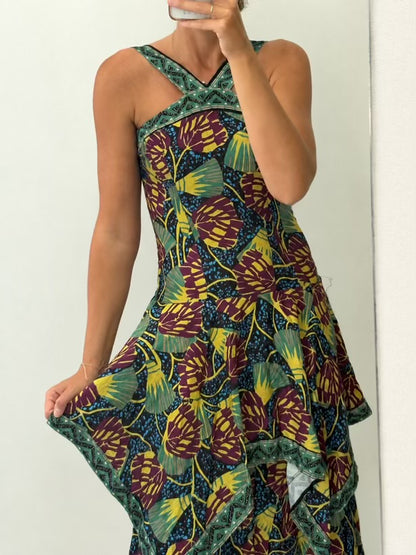 Vestido midi estampado volantes