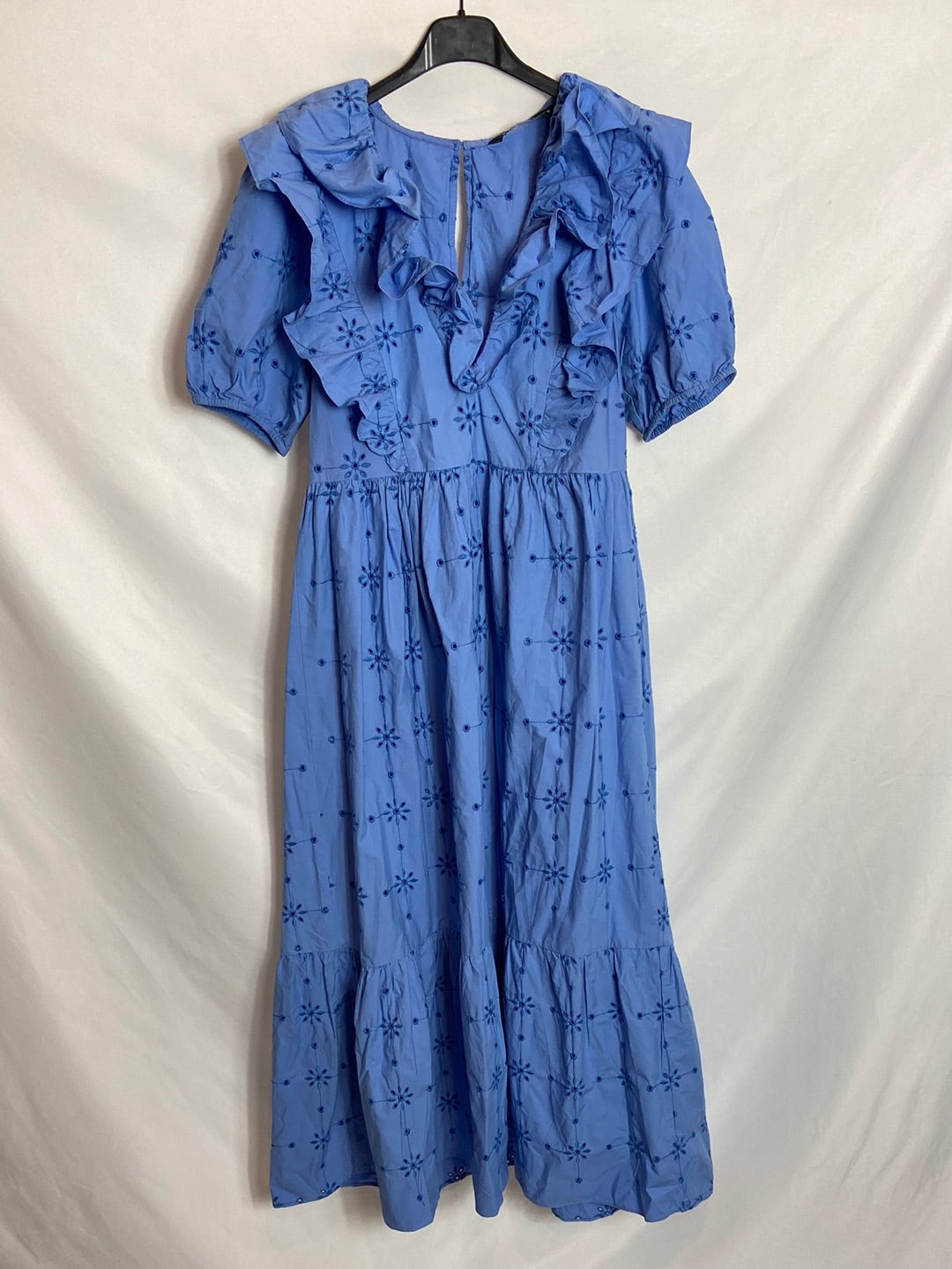 ZARA. Vestido midi azulòn troquelado T.XS