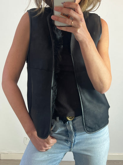 MASSIMO DUTTI. Chaleco negro pelo y piel  T.u(s)