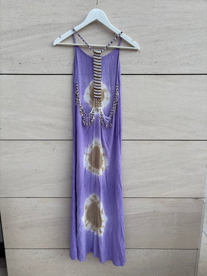 OTRAS. Vestido midi malva detalle abalorios