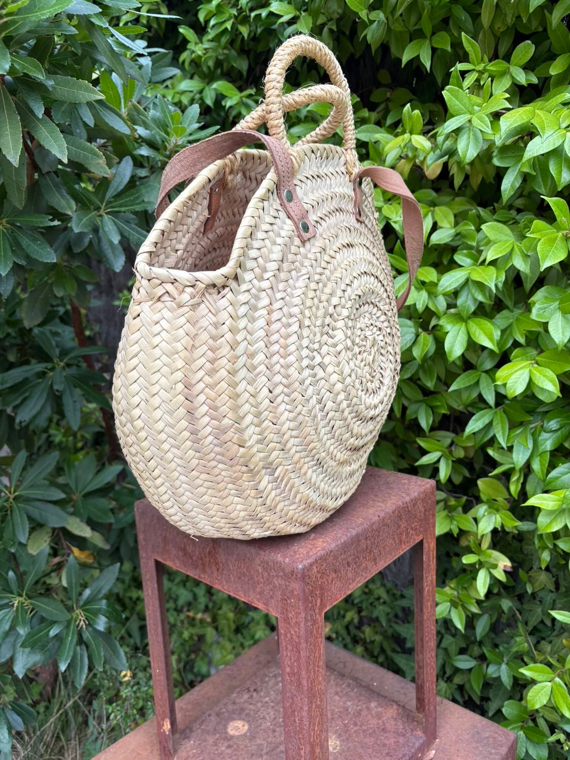Bolso redondo paja doble asa en piel
