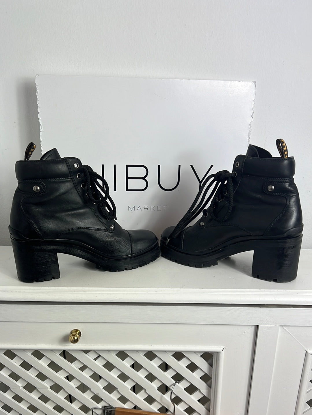 MIU MIU. Black lace-up heeled ankle boots. Size 39