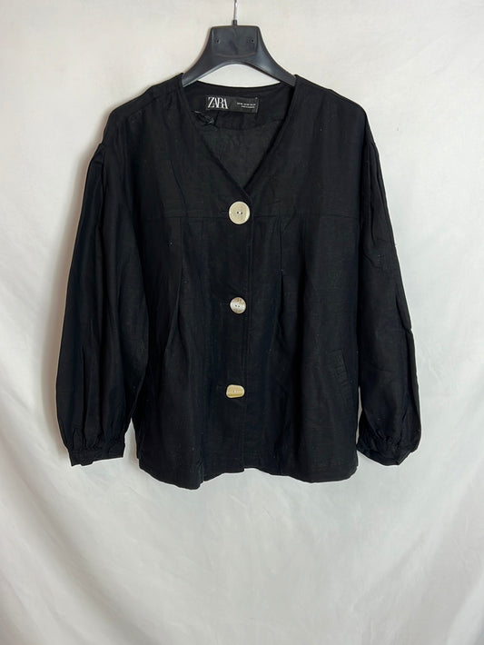 ZARA. Chaqueta negra lino T.xs