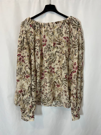 MANGO. Blusa beige flores T.m