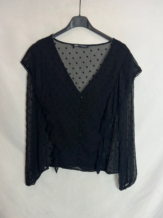 ZARA. Black semi-sheer polka dot blouse. TS