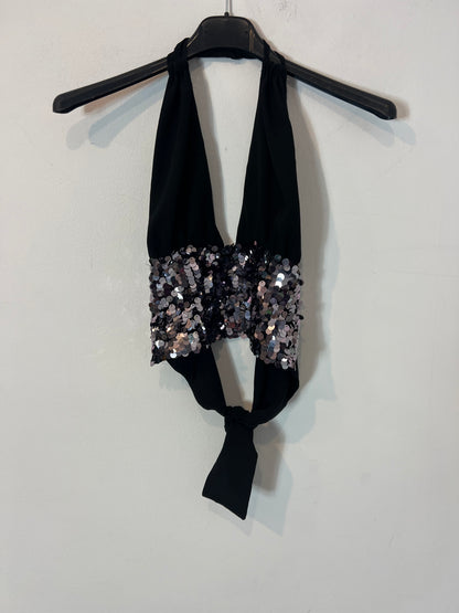 THE ARE. Black sequin knotted top. TS