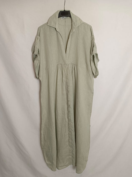 ZARA. Vestido verde lino T.m