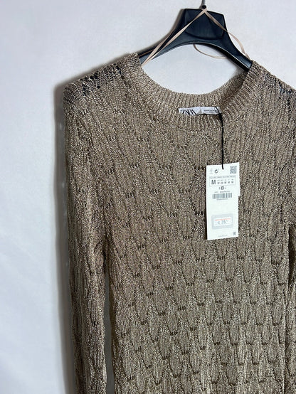 ZARA. Vestido midi dorado calado. T M