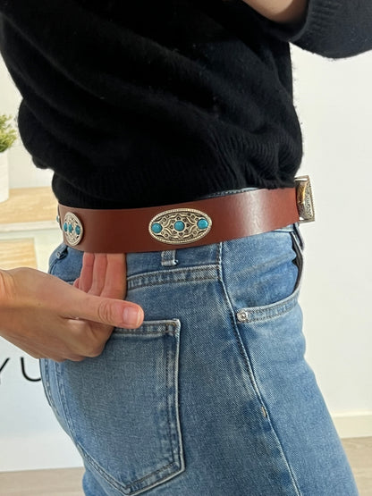 DENNY ROSE. Cinturón piel marrón piedras turquesa. T S
