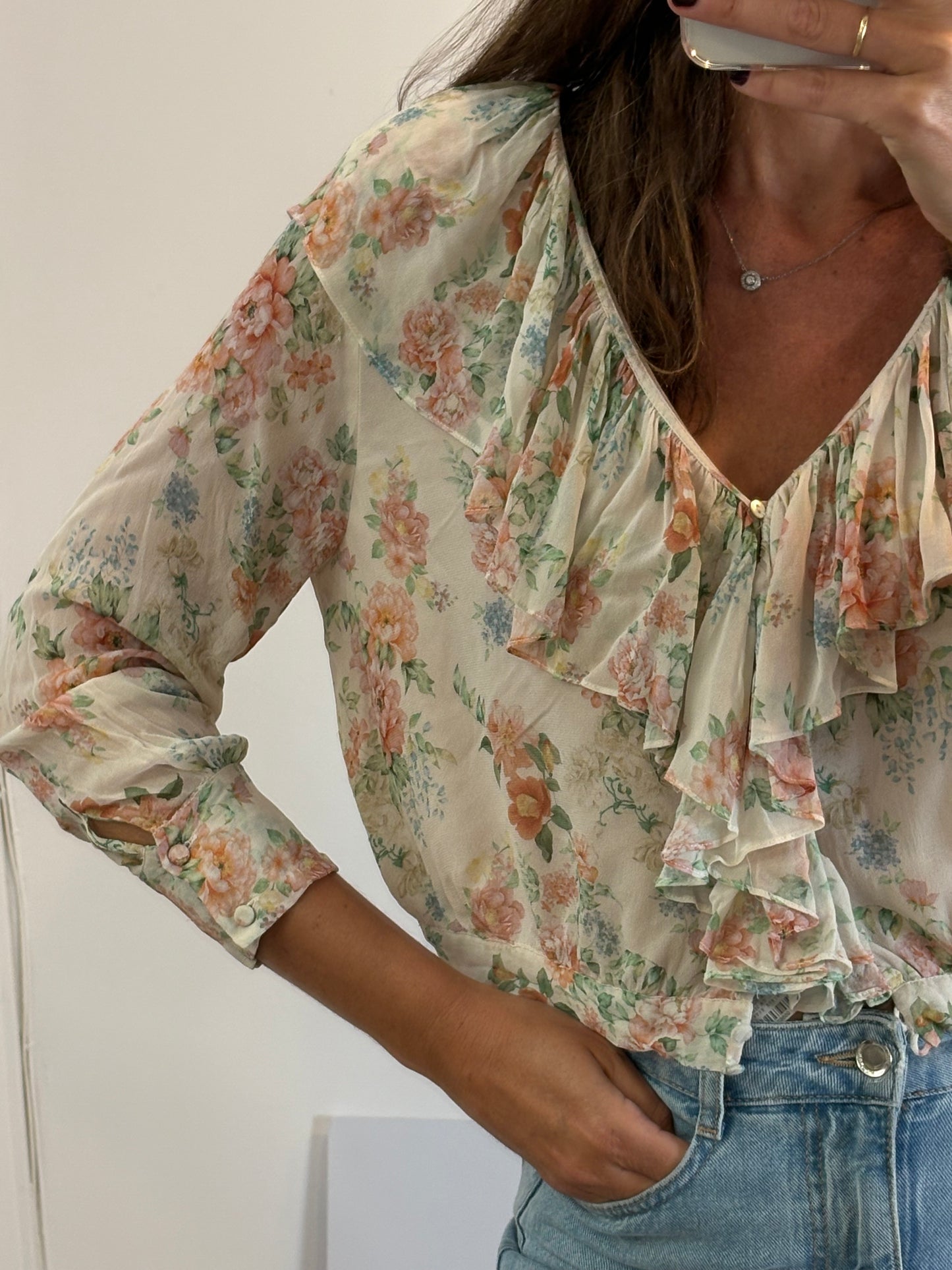 ZARA.Blusa beige flores T.XL