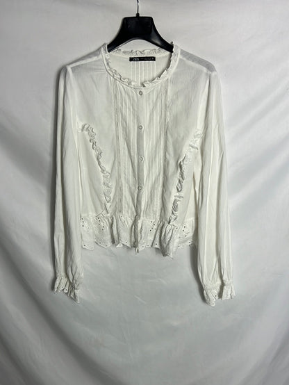ZARA. Blusa blanca detalles. T L (M)