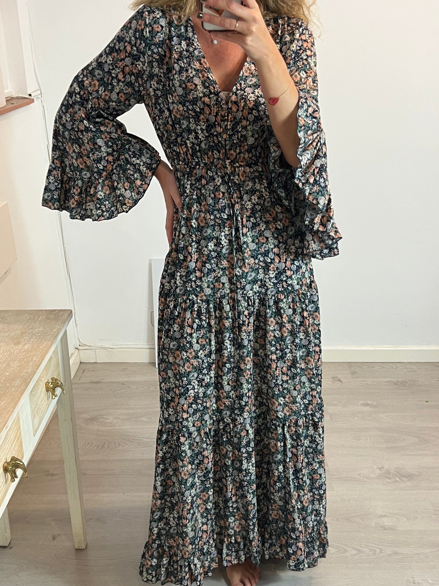 BUGANVILIA. Vestido largo flores volantes. T S/M