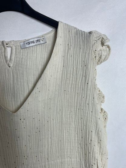 VINTAGE LOVE. Beige cotton top with gold polka dots. Size 1(S)