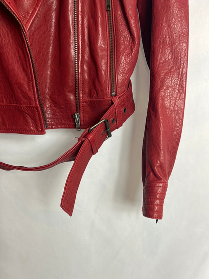 SANDRO. Chaqueta piel tono oscuro estilo biker. T 3(M/L)