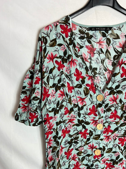 ZARA. Vestido midi flores abotonado. T M