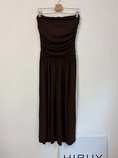 MANGO. Vestido midi marrón punto elástico