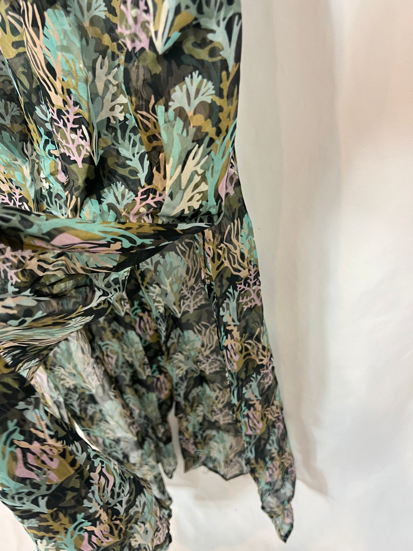 MIRTO. Long printed silk dress, size 40